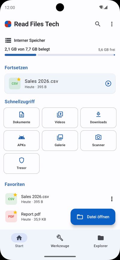 Read Files Tech: Startseite, Favoriten und zuletzt geöffnete Dateien