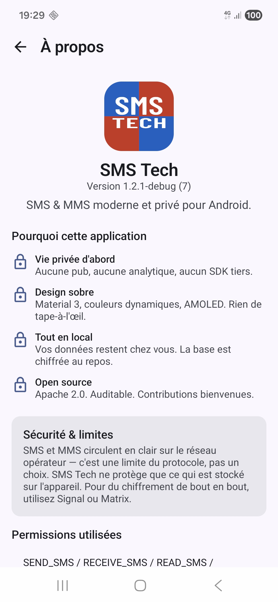 SMS Tech app About screen